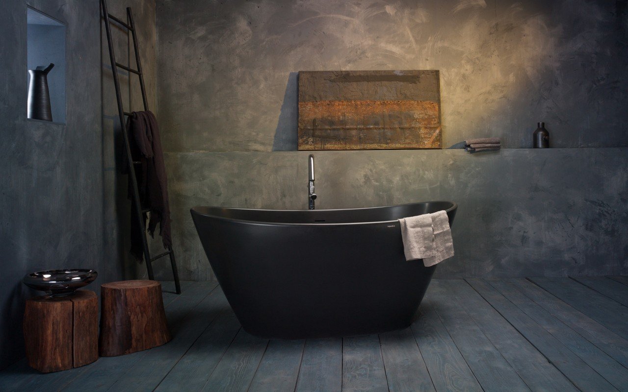 Dark bathroom decor - black freestanding tub in a combination of black, grey and wood decoration